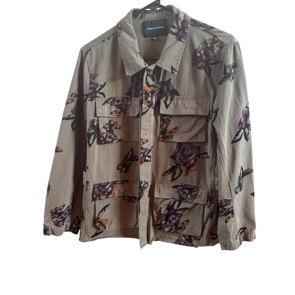 Jealous Tomato Floral Utility Woman's Jacket‎ Sz Small Khaki Maroon Black Pocket